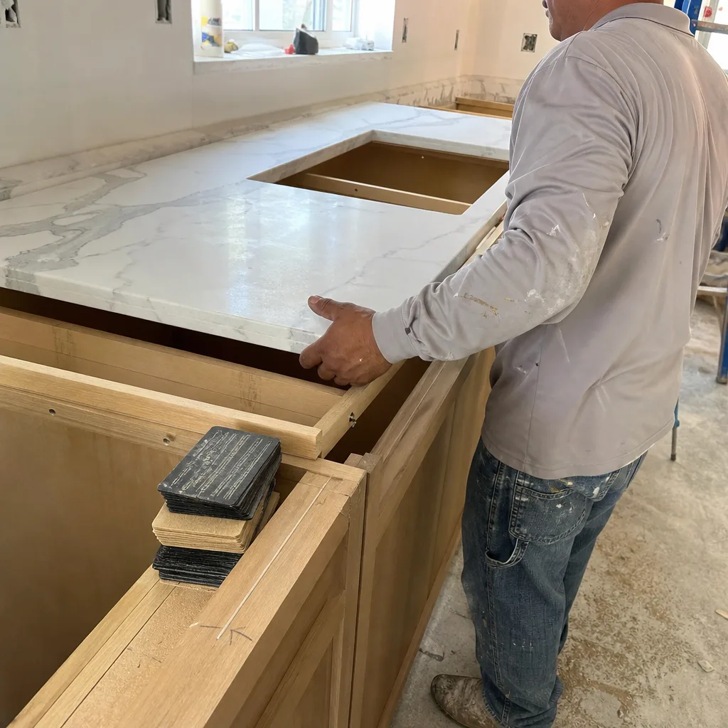 Professional contractor installing a marble kitchen countertop during a renovation