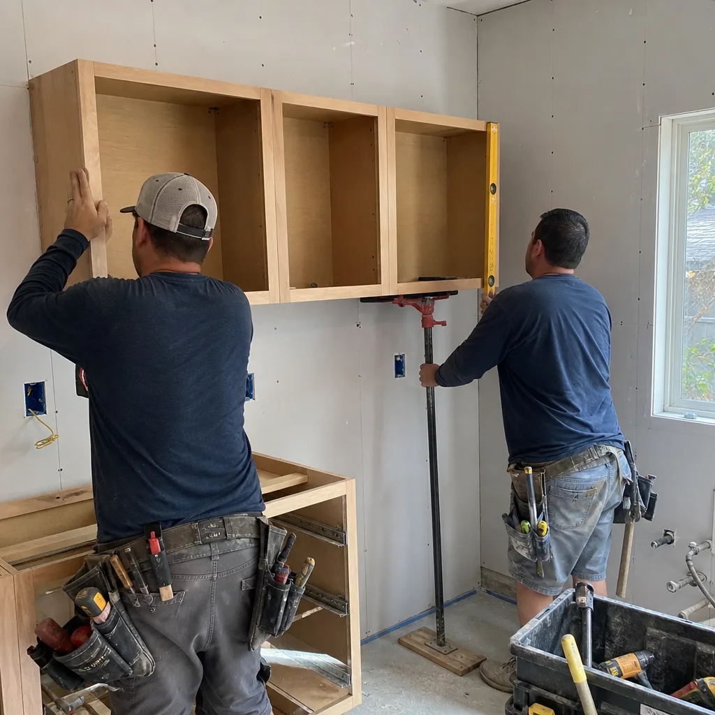 Two contractors installing wooden upper kitchen cabinets on a construction site