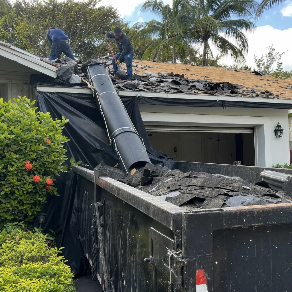 Roofers removing old shingles into a debris trailer using a disposal chute