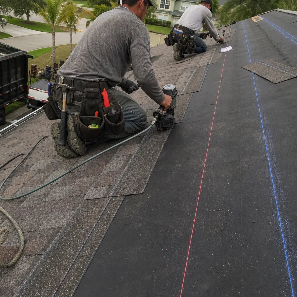Two construction workers installing new asphalt roof shingles with nail guns