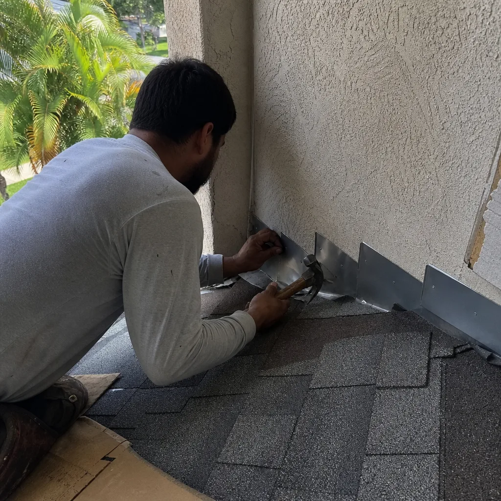 A roofing contractor installing metal step flashing on a residential roof.