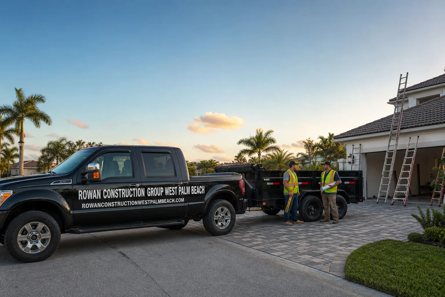 Rowan Construction Group West Palm Beach construction service vehicle and crew in West Palm Beach, FL